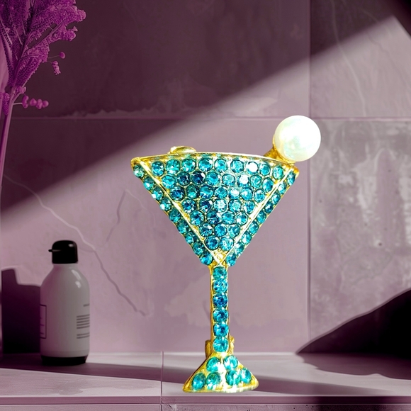 Jewelry - Gold-Tone Turquoise Crystal Cocktail Glass Brooch with Pearl Accent